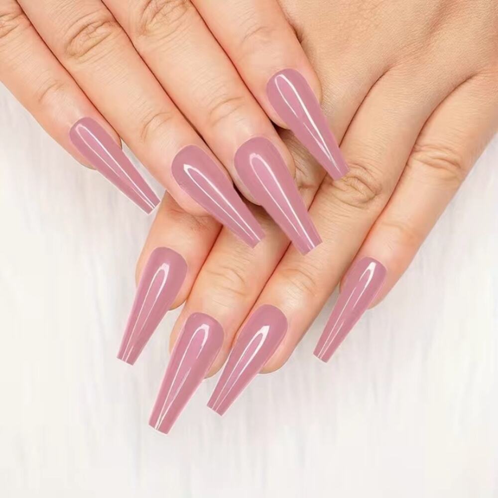 Mauve Press On Nails Glossy Pink Long Coffin Shape with Glue 25 pc False Kit